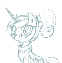 Size: 1024x1042 | Tagged: alternate hairstyle, artist:briskby, clothes, derpibooru import, glasses, ponytail, princess cadance, safe, sketch, solo, sweater
