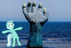 Size: 599x402 | Tagged: safe, derpibooru import, lyra heartstrings, pony, unicorn, bipedal, hand, irl, looking at something, ocean, open mouth, photo, ponies in real life, shrunken pupils, solo, statue, surprised, vector