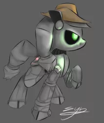 Size: 1088x1280 | Tagged: safe, artist:synad, derpibooru import, applejack, earth pony, pony, robot, robot pony, applebot, female, hat, hooves, mare, simple background, solo