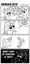 Size: 600x1251 | Tagged: applejack, artist:alfourman, banana, comic, derpibooru import, monochrome, safe, twilight sparkle