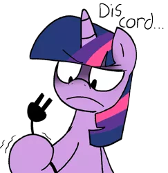 Size: 1067x1100 | Tagged: safe, artist:strangiesleepy, derpibooru import, twilight sparkle, pony, unicorn, dis cord, female, frown, hoof hold, mare, power cord, pun, simple background, solo, transparent background, visual pun