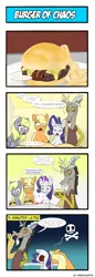 Size: 660x1914 | Tagged: safe, artist:reikomuffin, derpibooru import, applejack, derpy hooves, discord, rarity, pegasus, pony, 4koma, burger, comic, female, food, mare, ponies eating meat, sick