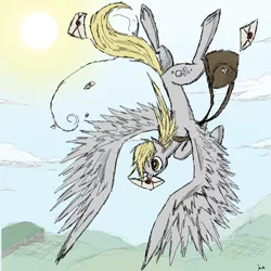 Size: 1000x1000 | Tagged: safe, artist:spromultis, derpibooru import, derpy hooves, pegasus, pony, cloud, female, flying, large wings, letter, mail, mailbag, mailmare, mare, mouth hold, sky, solo, sun, wings