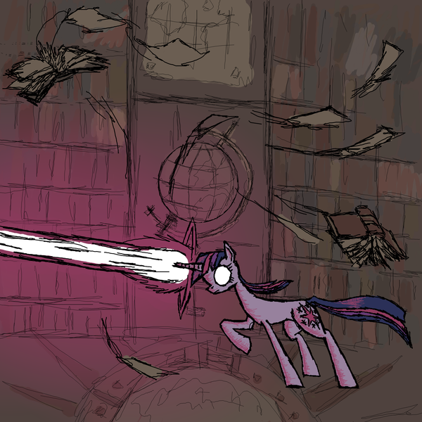 Size: 2000x2000 | Tagged: safe, artist:spromultis, derpibooru import, twilight sparkle, fight, glowing eyes, high res, library, magic, magic blast