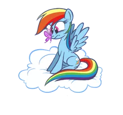 Size: 659x616 | Tagged: artist:brah-j, butterfly, cloud, cross-eyed, derpibooru import, frown, insect on nose, rainbow dash, safe, simple background, sitting, solo, spread wings, transparent background, watching, wide eyes