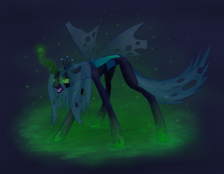 Size: 2954x2300 | Tagged: safe, artist:wolframclaws, derpibooru import, queen chrysalis, changeling, changeling queen, fangs, female, frown, glowing horn, high res, image, looking up, open mouth, png, slit eyes, solo, standing
