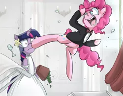 Size: 1400x1100 | Tagged: safe, artist:uc77, derpibooru import, pinkie pie, twilight sparkle, pony, bipedal, clothes, dress, duo, hotblooded pinkie pie, suit, twilight is not amused, unamused, wedding dress