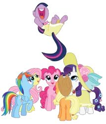 Size: 6000x7000 | Tagged: absurd resolution, applejack, artist:midnight--blitz, birthday dress, clothes, derpibooru import, dress, female, fluttershy, happy, hat, mane six, pinkie pie, rainbow dash, rarity, safe, simple background, smiling, sweet and elite, transparent background, twilight sparkle, vector