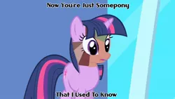 Size: 1280x720 | Tagged: safe, derpibooru import, twilight sparkle, pony, unicorn, female, gotye, mare, open mouth, solo, somebody that i used to know, text