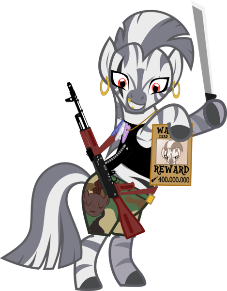 Size: 4072x5211 | Tagged: absurd resolution, ak-74, artist:tensaioni, derpibooru import, gun, machete, rifle, safe, simple background, solo, transparent background, wanted poster, weapon, zebra