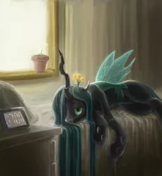 Size: 1000x1080 | Tagged: safe, artist:ifoldbooks, derpibooru import, queen chrysalis, changeling, changeling queen, alarm clock, beautiful, bed, clock, dresser, female, image, lidded eyes, looking at you, morning ponies, png, potted plant, side, slit eyes, solo, window