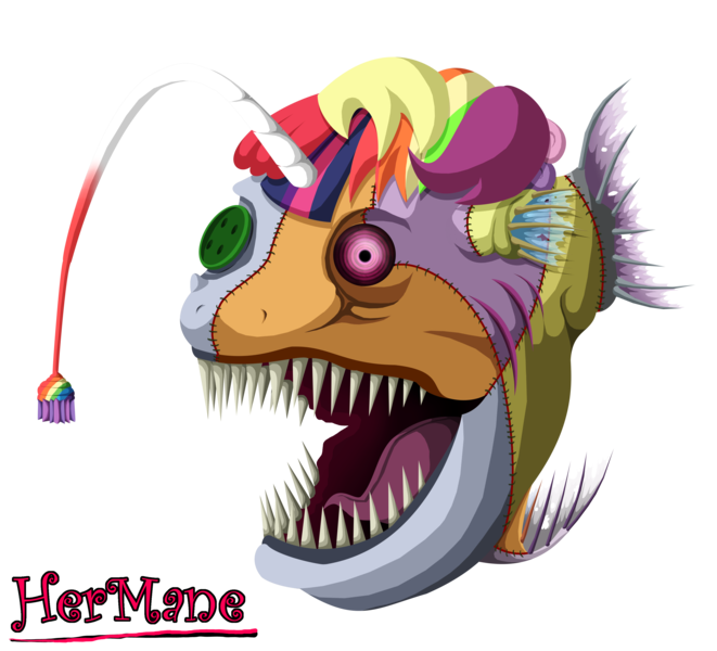 Size: 3305x3000 | Tagged: angler fish, applejack, artist:super-zombie, chimera, derpibooru import, fanfic:cupcakes, fish, fluttershy, grimdark, high res, mane six, nightmare fuel, not salmon, only the dead can know peace from this evil, pinkie pie, rainbow dash, rarity, species swap, stitches, twilight sparkle, wat, what has science done