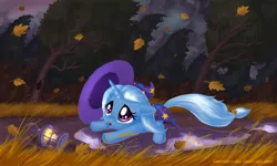 Size: 2000x1200 | Tagged: safe, artist:alexmakovsky, derpibooru import, trixie, pony, unicorn, candle, crying, cute, diatrixes, female, filly, lantern, leaves, mare, solo, wind