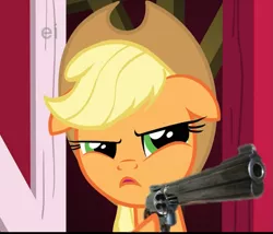 Size: 849x726 | Tagged: applejack, cropped, delet this, derpibooru import, edit, edited screencap, gun, party of one, revolver, safe, screencap, solo, weapon