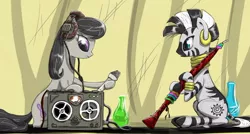 Size: 900x483 | Tagged: safe, artist:madhotaru, derpibooru import, octavia melody, zecora, pony, zebra, cute, female, hoof hold, mare, musical instrument, recorder