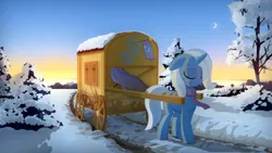 Size: 1920x1080 | Tagged: artist:gign-3208, clothes, crescent moon, derpibooru import, eyes closed, floppy ears, moon, safe, scarf, sky, snow, solo, sunrise, trixie, trixie's wagon, wagon, winter