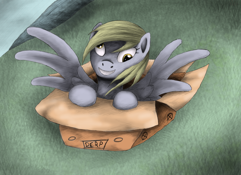 Size: 3510x2550 | Tagged: safe, artist:hewison, derpibooru import, derpy hooves, pegasus, pony, box, female, high res, mare, pony in a box, solo