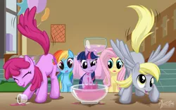 Size: 1680x1050 | Tagged: source needed, useless source url, safe, artist:mysticalpha, derpibooru import, berry punch, berryshine, derpy hooves, fluttershy, rainbow dash, twilight sparkle, earth pony, pegasus, pony, unicorn, bowl, butt shake, dancing, derp, drunk, eyes closed, face down ass up, female, mare, party, punch (drink), table, wallpaper