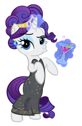 Size: 656x1000 | Tagged: safe, artist:pixelkitties, derpibooru import, rarity, pony, alternate hairstyle, bipedal, clothes, cocktail, dress, drink, duckface, jewelry, sierra madre, simple background, solo, tiara, transparent background