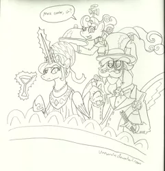 Size: 850x882 | Tagged: artist:unoservix, classy, clothes, date, derpibooru import, discord, dress, glass, hat, magic, monochrome, monocle, moustache, opera, princess celestia, propeller hat, safe, screwball, suit, swag, swirly eyes, waitress