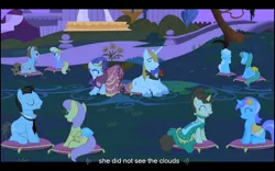 Size: 1024x640 | Tagged: bruce mane, derpibooru import, diamond mint, drizzle, fine line, maxie, orange blossom, parasol, prim posy, prince blueblood, rarity, safe, screencap, serena, star gazer, the best night ever, youtube caption