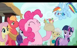 Size: 640x400 | Tagged: safe, derpibooru import, screencap, big macintosh, fluttershy, mayor mare, pinkie pie, rainbow dash, rarity, twilight sparkle, earth pony, pony, the last roundup, male, stallion, youtube caption