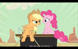 Size: 640x400 | Tagged: safe, derpibooru import, screencap, applejack, pinkie pie, the last roundup, youtube caption