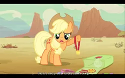 Size: 640x400 | Tagged: applejack, derpibooru import, desert, medal, ribbon, safe, screencap, solo, the last roundup, vulgar, youtube caption