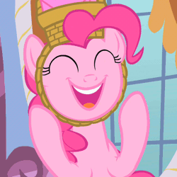 Size: 666x666 | Tagged: afterbirth day, animated, basket, basket hat, clapping, derpibooru import, happy, hat, invitation, party of one, pinkie pie, safe, screencap
