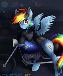 Size: 2784x3389 | Tagged: safe, artist:spittfireart, derpibooru import, rainbow dash, pegasus, pony, clothes, high res, jacket, leather jacket, motorcycle, solo, sunglasses