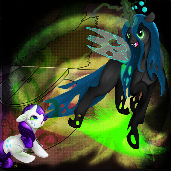 Size: 900x900 | Tagged: safe, artist:cytozire, derpibooru import, queen chrysalis, rarity, changeling, changeling queen, pony, unicorn, crying, fangs, female, floppy ears, glowing horn, horn, image, lidded eyes, looking at someone, looking at you, mare, open mouth, png, raised hoof, sad, signature, smiling