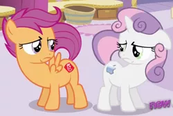 Size: 1026x686 | Tagged: safe, derpibooru import, edit, edited screencap, screencap, scootaloo, sweetie belle, pegasus, pony, robot, robot pony, unicorn, ponyville confidential, alternate cutie mark, apple (company), chick-fil-a, cutie mark, female, filly, floppy ears, foal, hooves, horn, logo, raised tail, scootachicken, spread wings, sweetie bot, tail, wings