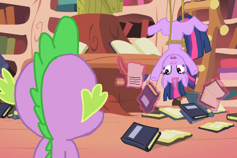 Size: 1024x682 | Tagged: artist:kinrah, book, derpibooru import, golden oaks library, letter, magic, quill, safe, spike, tied up, twilight sparkle