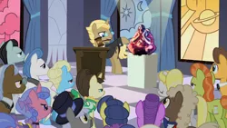 Size: 1280x720 | Tagged: safe, derpibooru import, edit, edited screencap, screencap, bruce mane, caesar, caramel, eclair créme, fine line, golden gavel, herald, masquerade, maxie, royal ribbon, sealed scroll, vance van vendington, earth pony, pony, unicorn, sweet and elite, auction, crowd, female, gavel, male, mare, mouth hold, pyro, sitting pyro, stallion