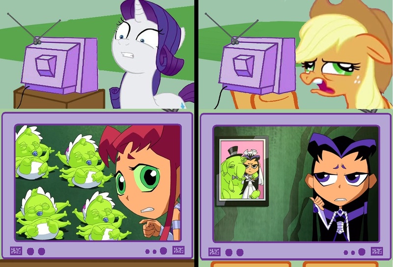 Size: 1135x771 | Tagged: safe, derpibooru import, applejack, rarity, pony, blackfire, glrdsklechhh, meme, starfire, teen titans, tv meme