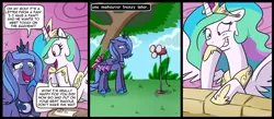 Size: 1500x656 | Tagged: april fools, artist:madmax, bow, clothes, comic, derpibooru import, dress, fan, horn ring, princess celestia, princess luna, pun, s1 luna, safe, tail bow, tears of joy, this will end in tears and/or a journey to the moon, trollestia