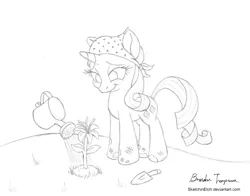 Size: 900x706 | Tagged: artist:sketchinetch, derpibooru import, flower, gardening, monochrome, rarity, safe, sketch, solo