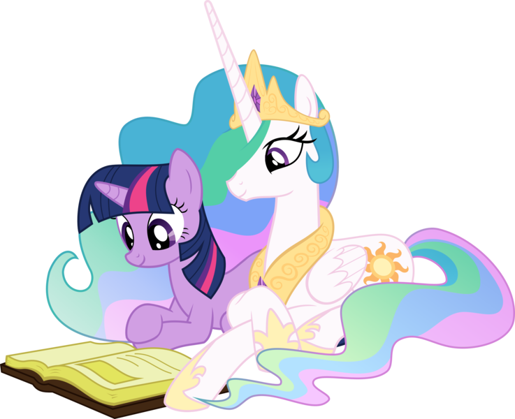 Size: 4199x3418 | Tagged: absurd resolution, artist:takua770, derpibooru import, princess celestia, reading, safe, simple background, transparent background, twilight sparkle, vector