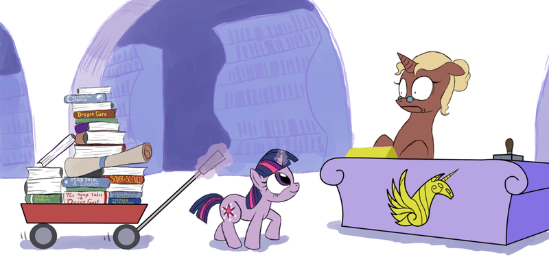 Size: 1280x600 | Tagged: artist:mistermech, book, cart, derpibooru import, filly, glasses, librarian, library, magic, safe, that pony sure does love books, twilight sparkle