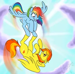 Size: 1522x1500 | Tagged: safe, artist:calicopikachu, derpibooru import, rainbow dash, spitfire, pegasus, pony, duo, female, flying, loose hair, mare