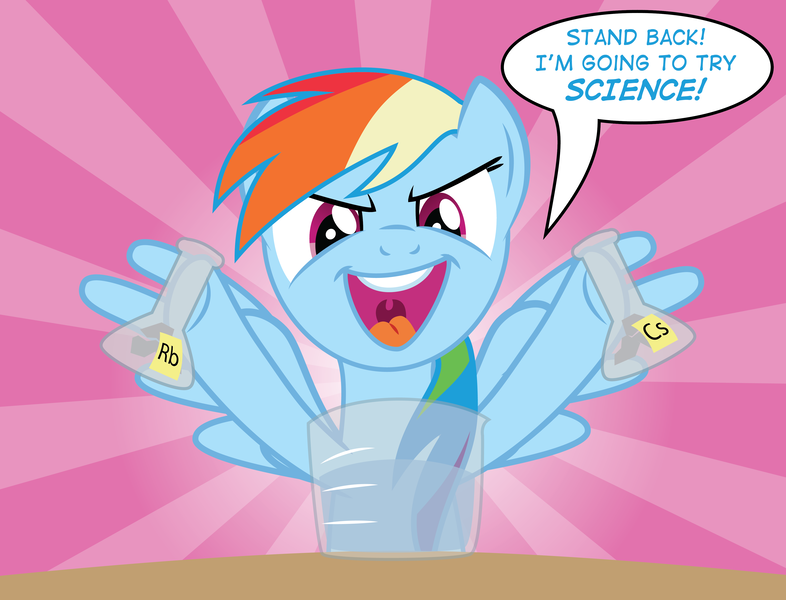 Size: 4292x3277 | Tagged: artist:justablankflank, cesium, chemistry, derpibooru import, evil grin, for science, imminent explosion, rainbow dash, rainbow dumb, rubidium, safe, science, smiling, solo, stand back i'm going to try science, stupidity, this will end in explosions, this will end in science, this will end in tears, this will end in tears and/or death, too dumb to live