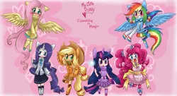 Size: 1651x897 | Tagged: applejack, artist:mahoxyshoujo, artist:ponygoggles, clothes, derpibooru import, dress, eared humanization, fluttershy, flying, horned humanization, humanized, mane six, pinkie pie, rainbow dash, rarity, safe, scarf, skirt, sweater, sweatershy, tailed humanization, twilight sparkle, winged humanization