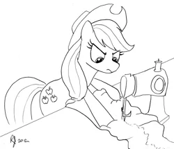 Size: 1000x860 | Tagged: safe, artist:arrjaysketch, derpibooru import, applejack, earth pony, pony, color me, monochrome, sewing, sewing machine, solo