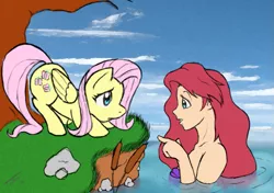 Size: 869x611 | Tagged: ariel, artist:toybox, crossover, derpibooru import, disney princess, fluttershy, human, mermaid, safe, seashell, the little mermaid