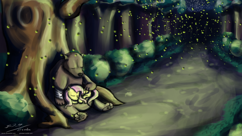 Size: 1920x1080 | Tagged: artist:esuka, bear, derpibooru import, firefly (insect), fluttershy, safe