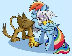 Size: 2717x2128 | Tagged: safe, artist:gsphere, derpibooru import, gilda, rainbow dash, gryphon, pegasus, pony, 2012, blue background, duo, duo female, embrace, feels, female, folded wings, friendship, friendshipping, heartwarming, heartwarming in hindsight, high res, hug, image, png, simple background, wings