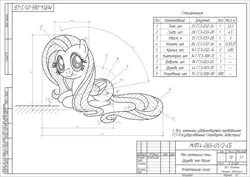 Size: 1492x1056 | Tagged: safe, artist:friendly-laser, derpibooru import, fluttershy, pegasus, pony, blueprint, cad, cute, cyrillic, grayscale, instructions, lineart, looking at you, mane six opening poses, monochrome, russian, shyabetes, smiling, solo, technical drawing