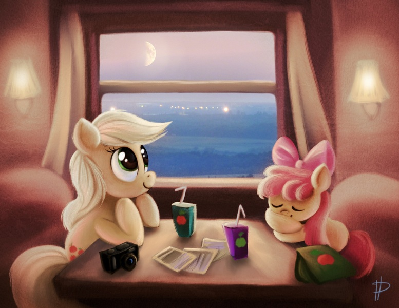 Size: 1920x1482 | Tagged: safe, artist:rom-art, derpibooru import, apple bloom, applejack, earth pony, pony, bag, blank flank, camera, eyes closed, female, filly, foal, hooves, juice box, leaning, leaning forward, leaning on table, mare, photos, sitting, sleeping, smiling, solo, table, train, train cabin, window