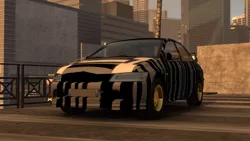 Size: 1280x720 | Tagged: barely pony related, building, car, derpibooru import, gold, midnight club, midnight club: la, mitsubishi, mitsubishi lancer, mitsubishi lancer evolution ix, ponycar, safe, video game, zebra, zecora