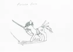 Size: 2727x1950 | Tagged: artist:tyrellus, derpibooru import, monochrome, one piece, ponified, roronoa zoro, safe, sketch, solo